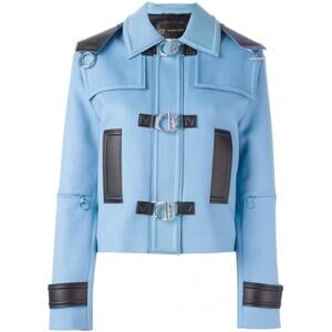 Versace Blue Leather Trimmed Contrast Boxy Wool Raw Hem Jacket Size IT 36/US 0